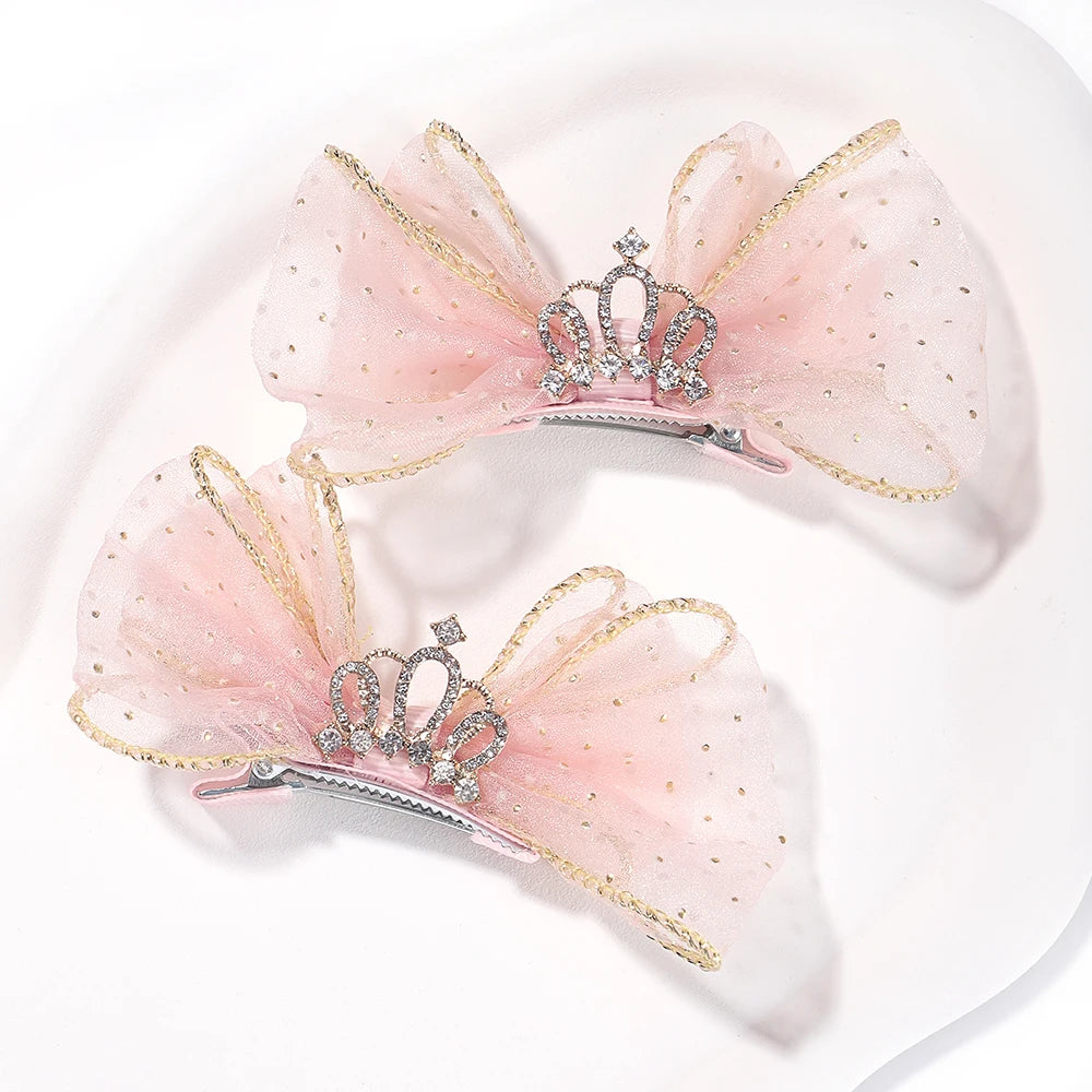 Set of 2 Organza Bow Hair Clips with Zircon Crown for Baby Girls - Cute Hairpins and Barrettes Accessories