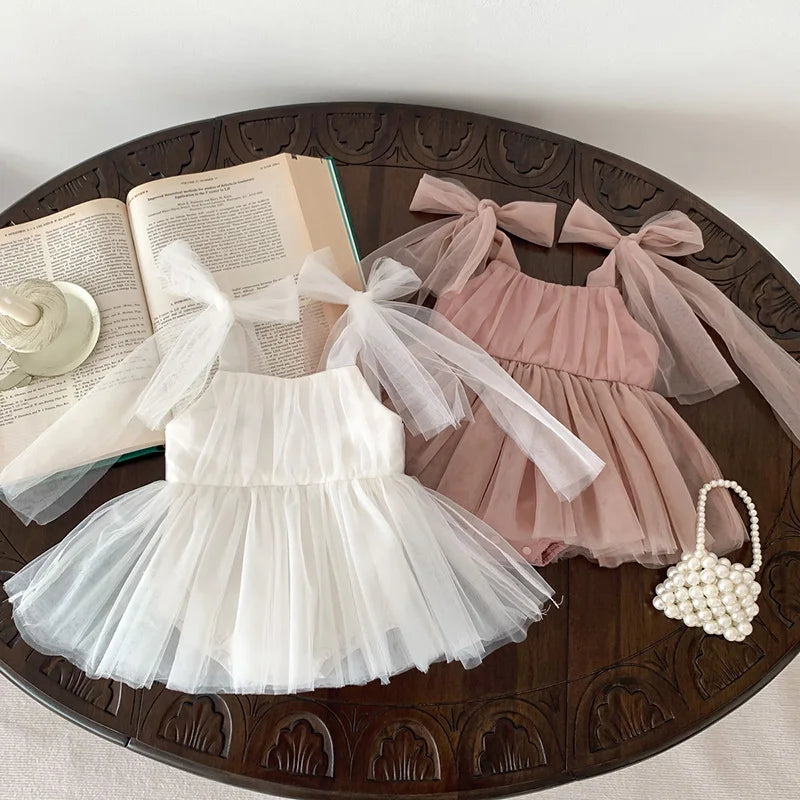 Sleeveless Summer Tutu Romper with Bows for Baby Girls - Lace Princess Jumpsuit for Newborn Photography