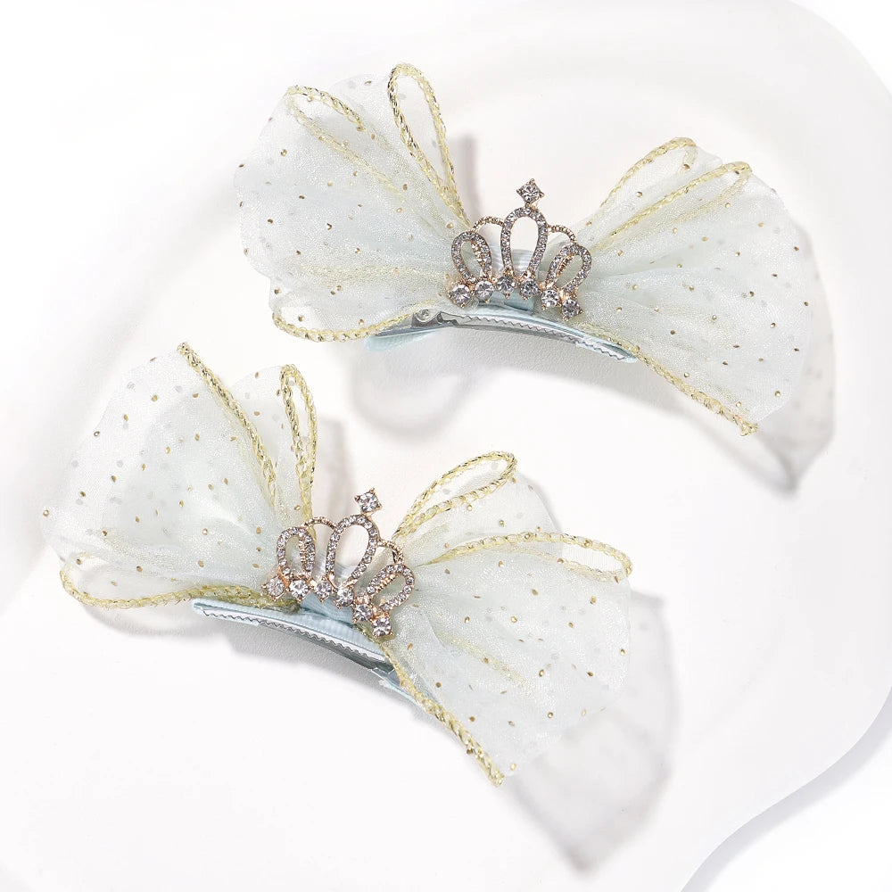 Set of 2 Organza Bow Hair Clips with Zircon Crown for Baby Girls - Cute Hairpins and Barrettes Accessories
