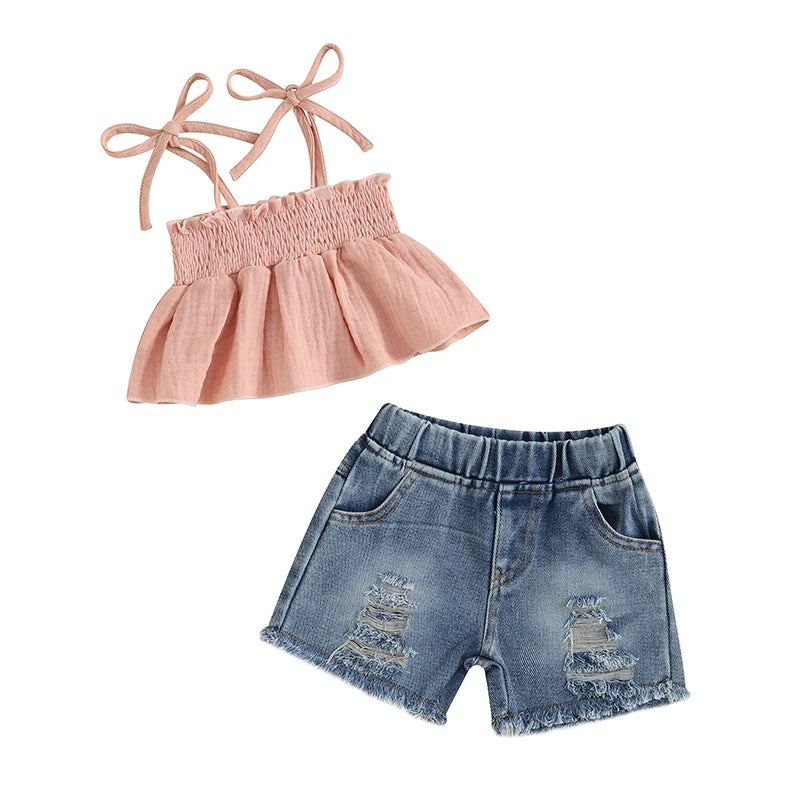 Summer Casual 2-Piece Outfit for Baby Girls: Sleeveless Camisole and Ripped Denim Shorts Set