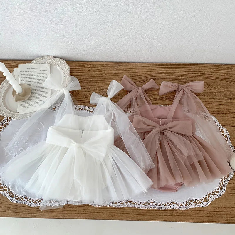 Sleeveless Summer Tutu Romper with Bows for Baby Girls - Lace Princess Jumpsuit for Newborn Photography