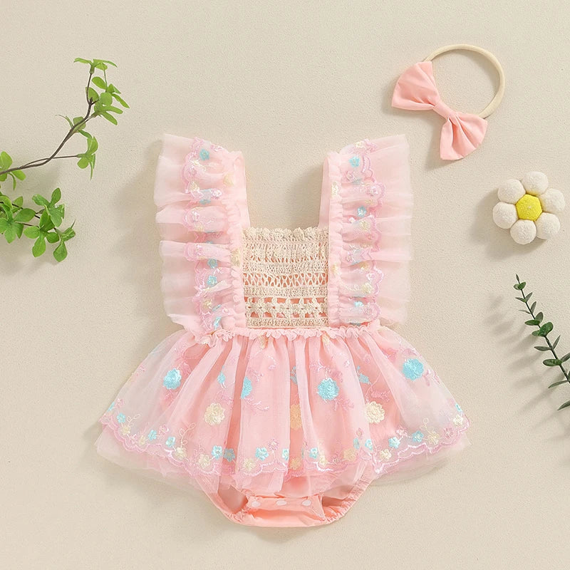 Adorable Summer Baby Girl Floral Embroidery Romper Dress with Headband - Princess Mesh Jumpsuit for Infants