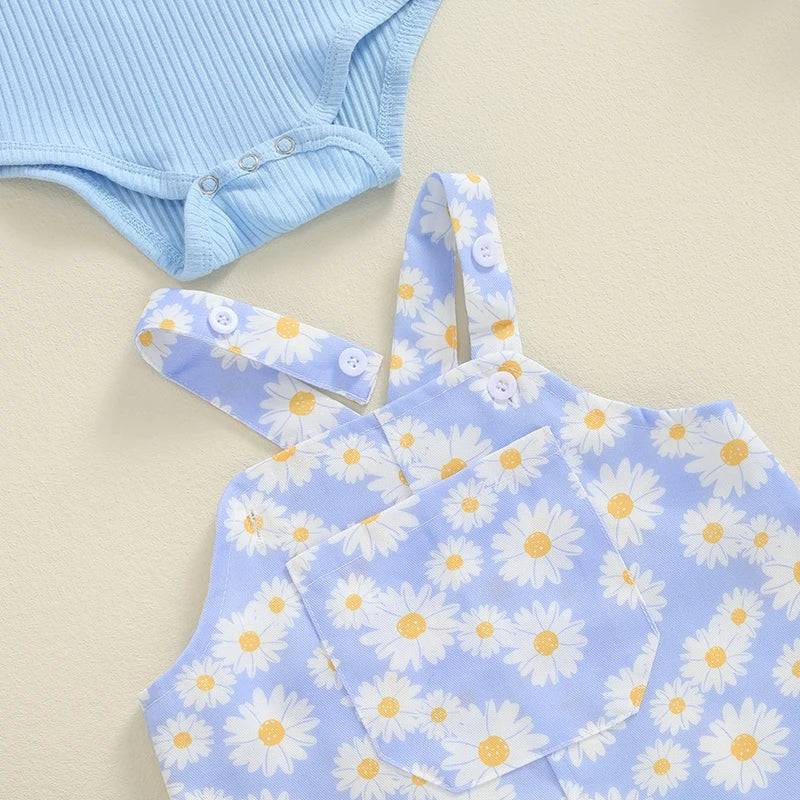 Adorable Newborn Girls' Ruffled Ribbed Bodysuit Set with Floral Suspender Skirt and Headband - Perfect for Spring and Autumn