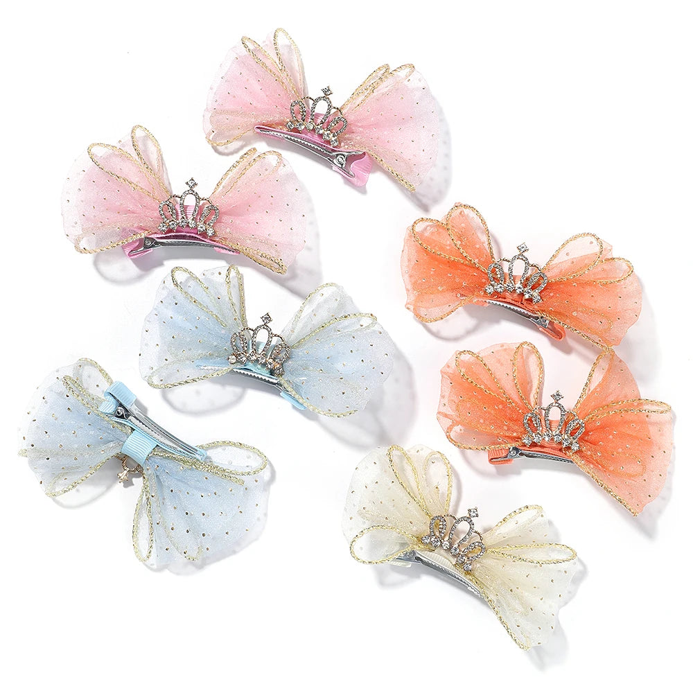 Set of 2 Organza Bow Hair Clips with Zircon Crown for Baby Girls - Cute Hairpins and Barrettes Accessories