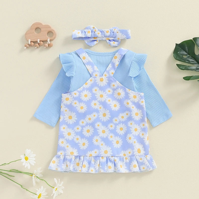 Adorable Newborn Girls' Ruffled Ribbed Bodysuit Set with Floral Suspender Skirt and Headband - Perfect for Spring and Autumn