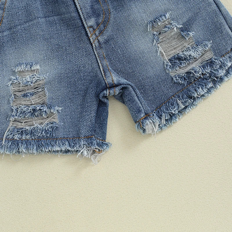 Summer Casual 2-Piece Outfit for Baby Girls: Sleeveless Camisole and Ripped Denim Shorts Set