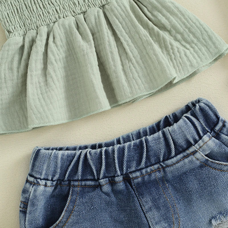 Summer Casual 2-Piece Outfit for Baby Girls: Sleeveless Camisole and Ripped Denim Shorts Set
