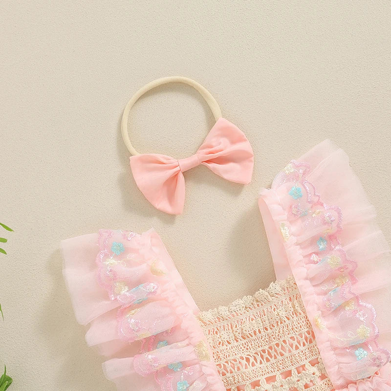 Adorable Summer Baby Girl Floral Embroidery Romper Dress with Headband - Princess Mesh Jumpsuit for Infants