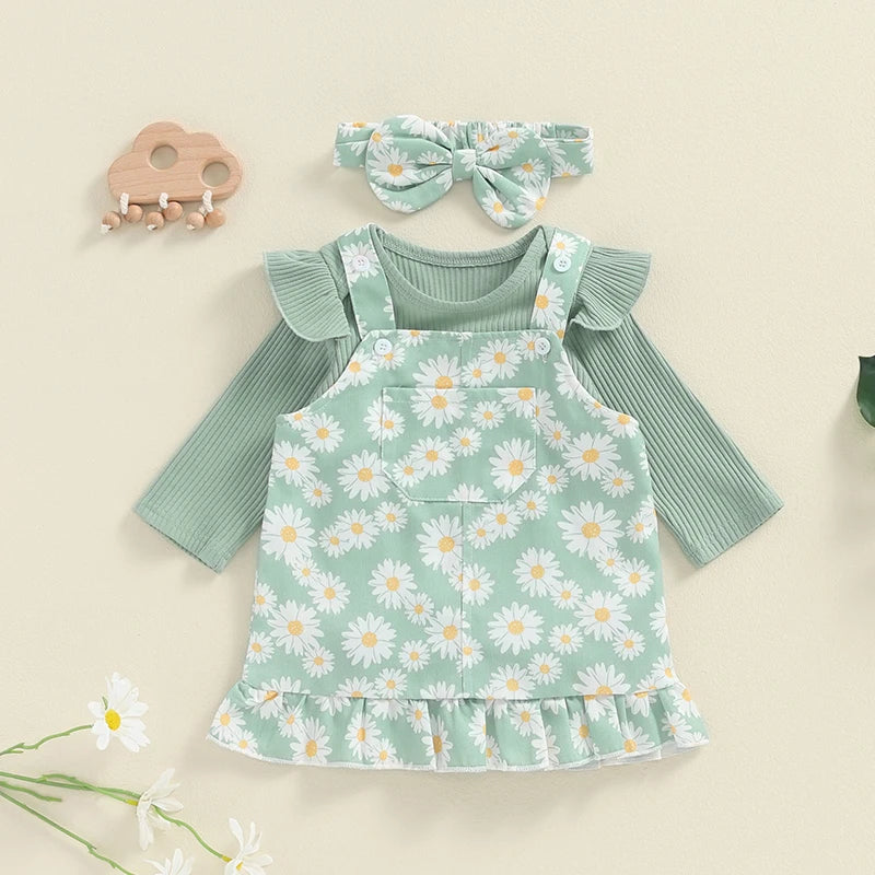 Adorable Newborn Girls' Ruffled Ribbed Bodysuit Set with Floral Suspender Skirt and Headband - Perfect for Spring and Autumn