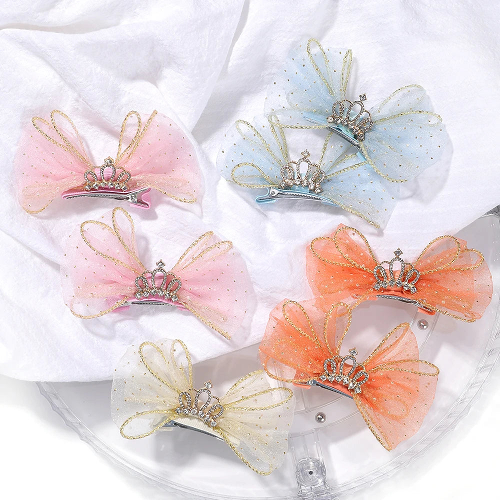 Set of 2 Organza Bow Hair Clips with Zircon Crown for Baby Girls - Cute Hairpins and Barrettes Accessories