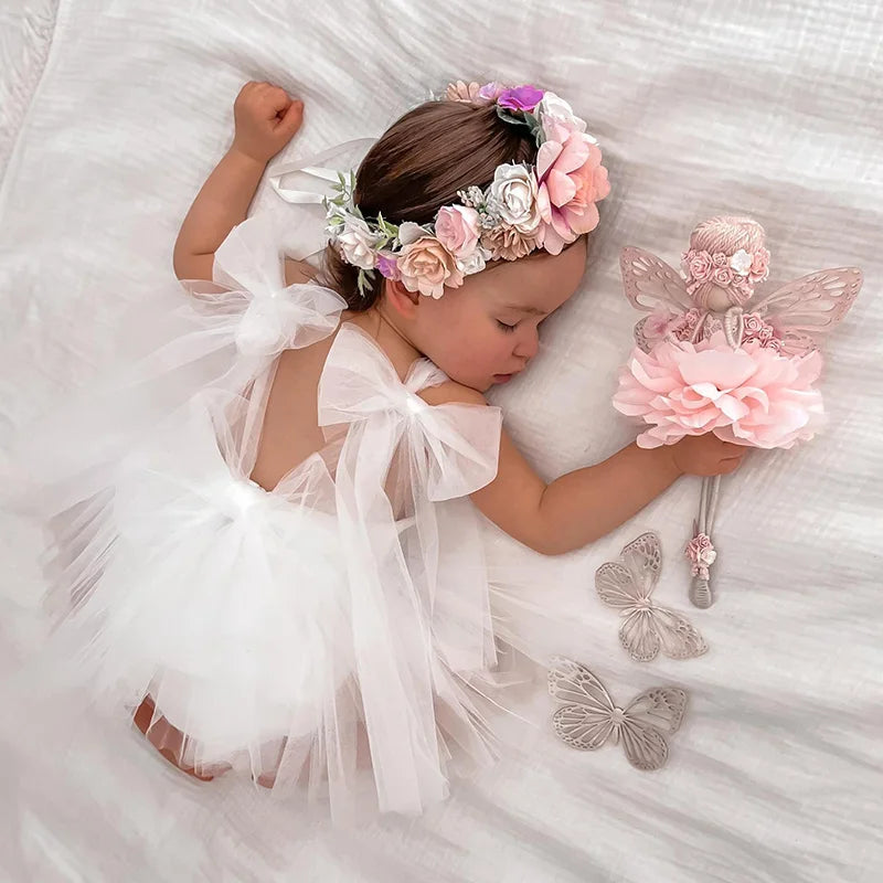 Sleeveless Summer Tutu Romper with Bows for Baby Girls - Lace Princess Jumpsuit for Newborn Photography