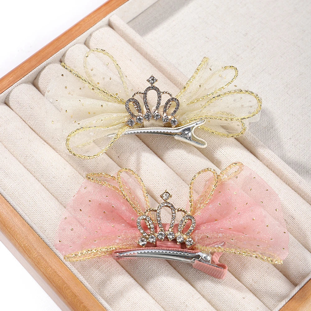 Set of 2 Organza Bow Hair Clips with Zircon Crown for Baby Girls - Cute Hairpins and Barrettes Accessories