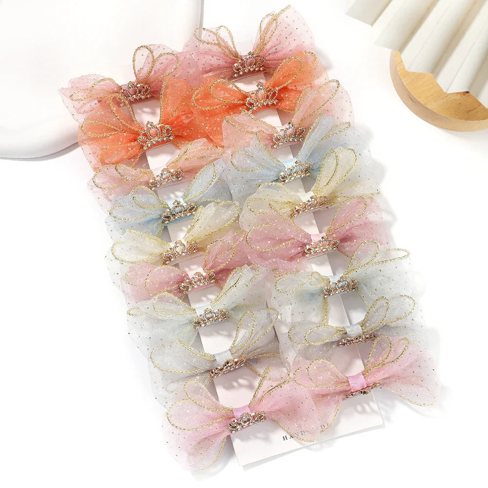 Set of 2 Organza Bow Hair Clips with Zircon Crown for Baby Girls - Cute Hairpins and Barrettes Accessories