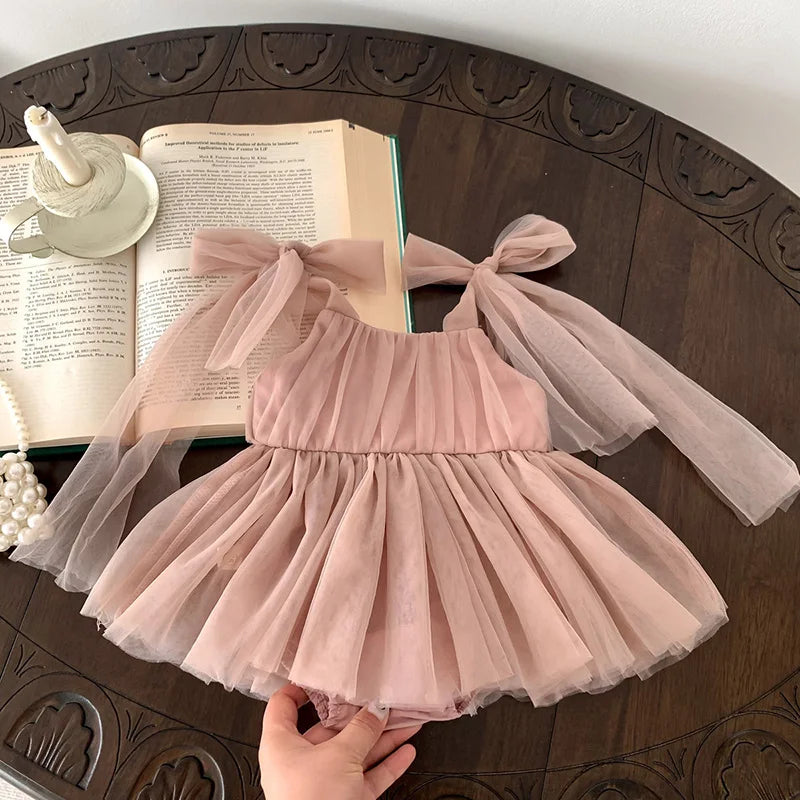 Sleeveless Summer Tutu Romper with Bows for Baby Girls - Lace Princess Jumpsuit for Newborn Photography