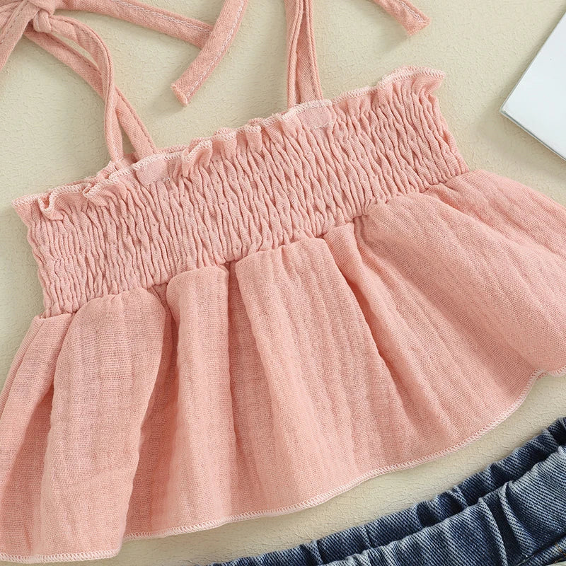 Summer Casual 2-Piece Outfit for Baby Girls: Sleeveless Camisole and Ripped Denim Shorts Set