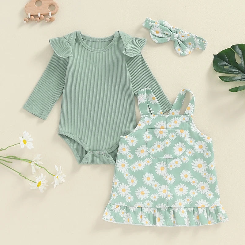 Adorable Newborn Girls' Ruffled Ribbed Bodysuit Set with Floral Suspender Skirt and Headband - Perfect for Spring and Autumn