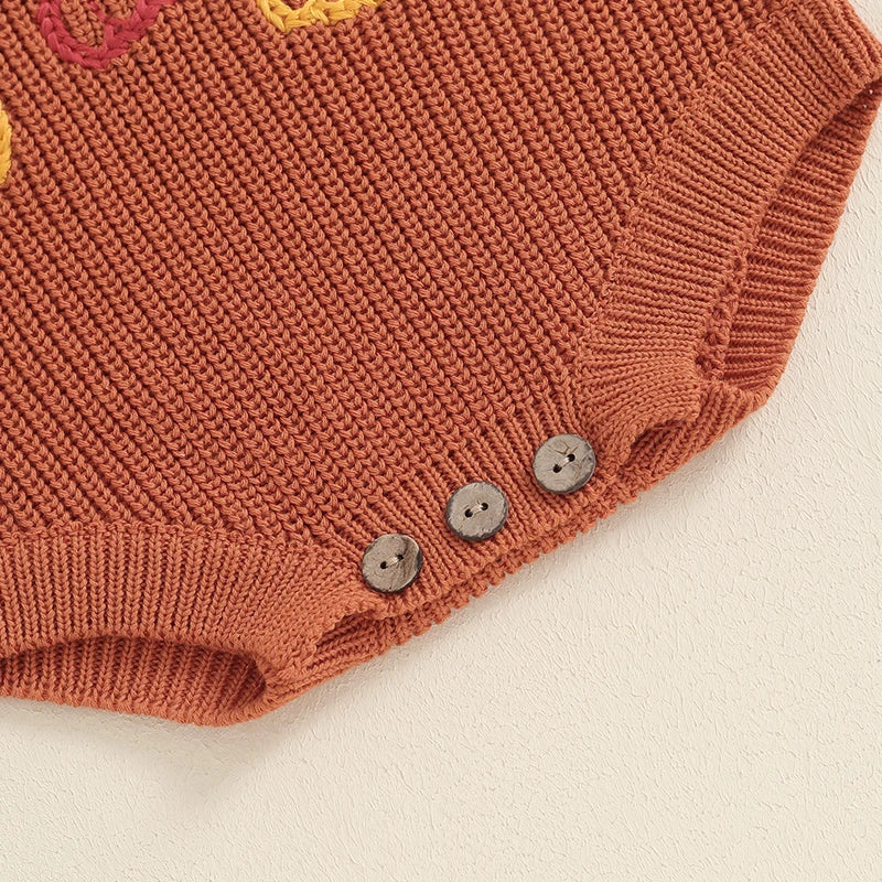 Adorable Pumpkin Print Sweater Romper for Babies - Long Sleeve Chunky Knit Halloween Outfit for Newborns and Infants
