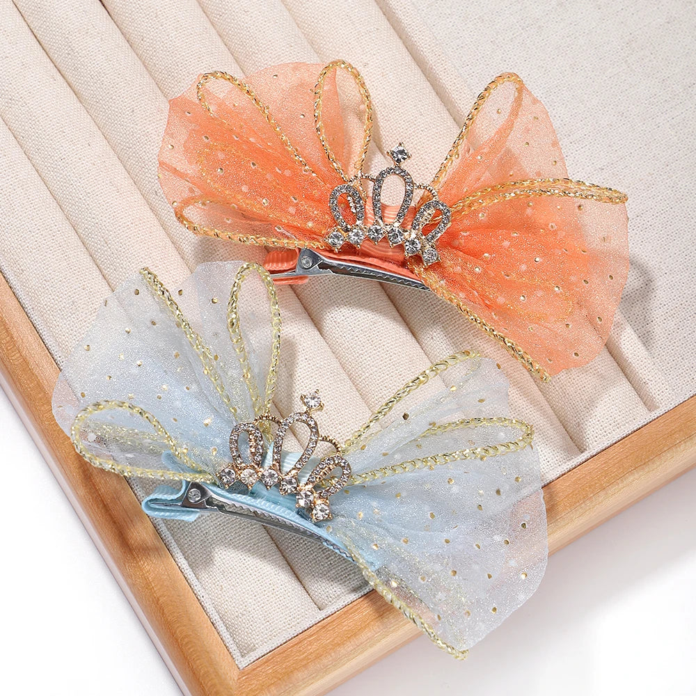 Set of 2 Organza Bow Hair Clips with Zircon Crown for Baby Girls - Cute Hairpins and Barrettes Accessories