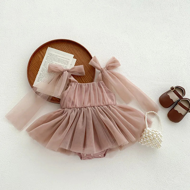 Sleeveless Summer Tutu Romper with Bows for Baby Girls - Lace Princess Jumpsuit for Newborn Photography