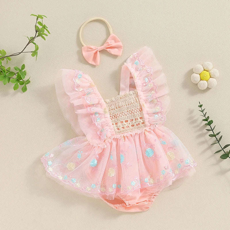 Adorable Summer Baby Girl Floral Embroidery Romper Dress with Headband - Princess Mesh Jumpsuit for Infants