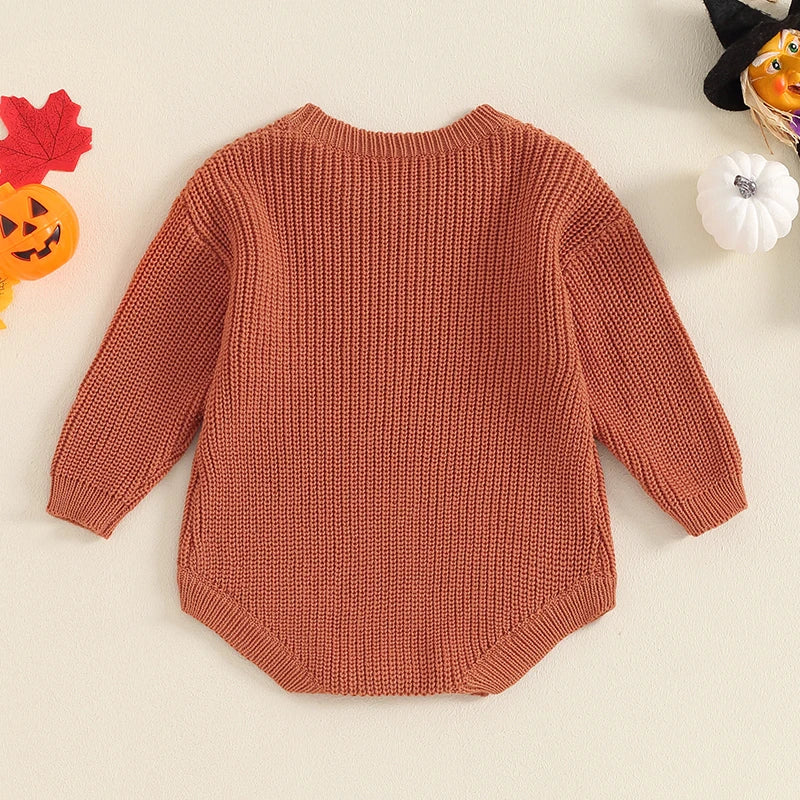 Adorable Pumpkin Print Sweater Romper for Babies - Long Sleeve Chunky Knit Halloween Outfit for Newborns and Infants