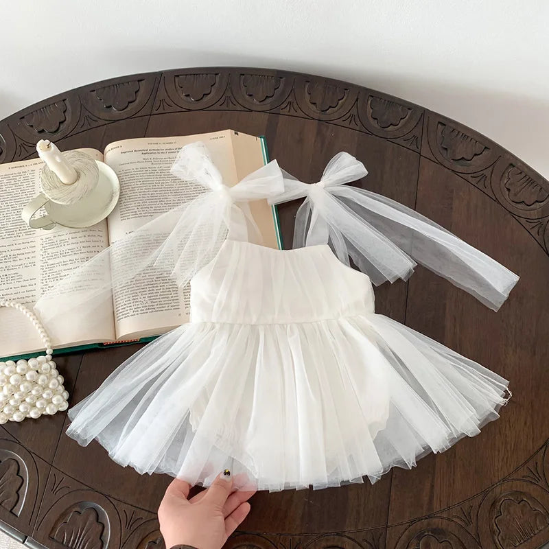 Sleeveless Summer Tutu Romper with Bows for Baby Girls - Lace Princess Jumpsuit for Newborn Photography