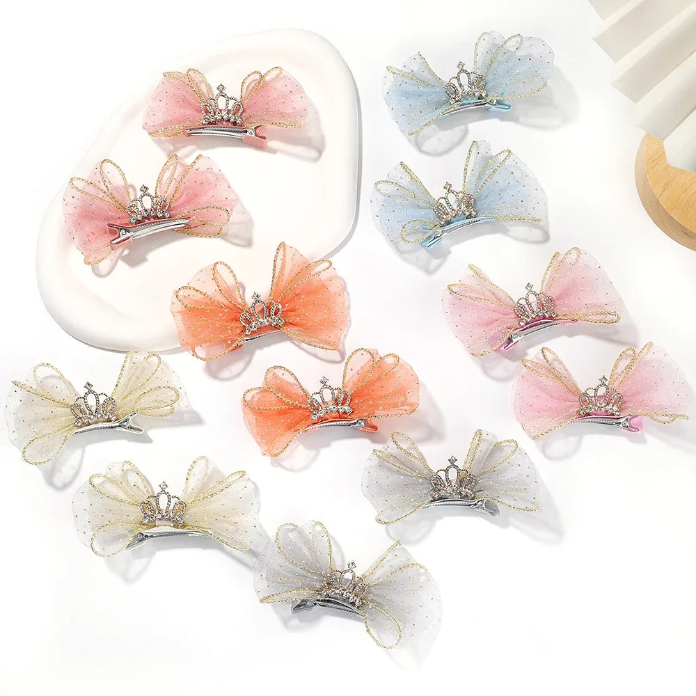 Set of 2 Organza Bow Hair Clips with Zircon Crown for Baby Girls - Cute Hairpins and Barrettes Accessories