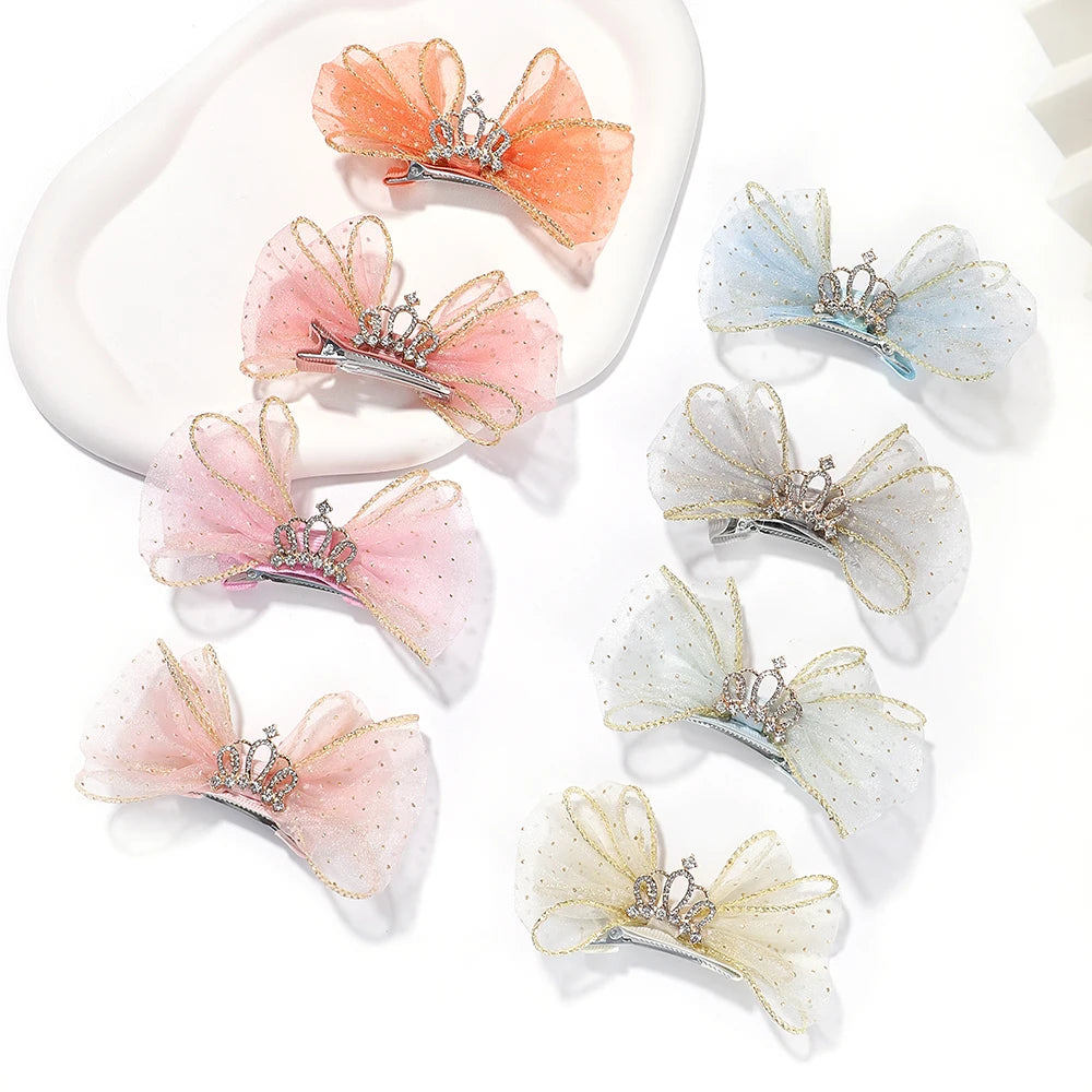 Set of 2 Organza Bow Hair Clips with Zircon Crown for Baby Girls - Cute Hairpins and Barrettes Accessories