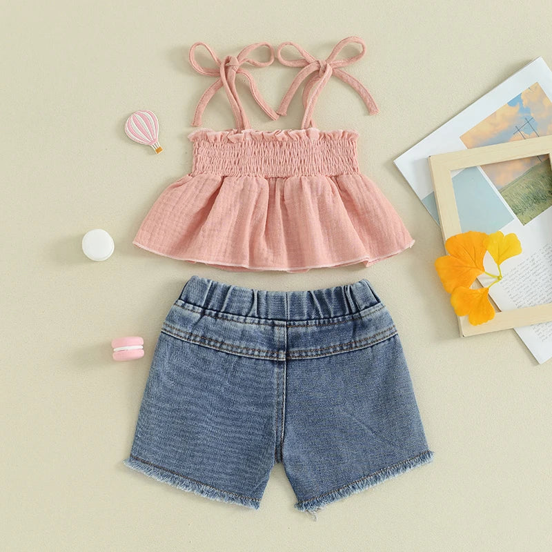 Summer Casual 2-Piece Outfit for Baby Girls: Sleeveless Camisole and Ripped Denim Shorts Set
