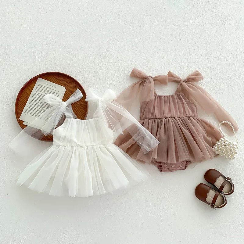 Sleeveless Summer Tutu Romper with Bows for Baby Girls - Lace Princess Jumpsuit for Newborn Photography