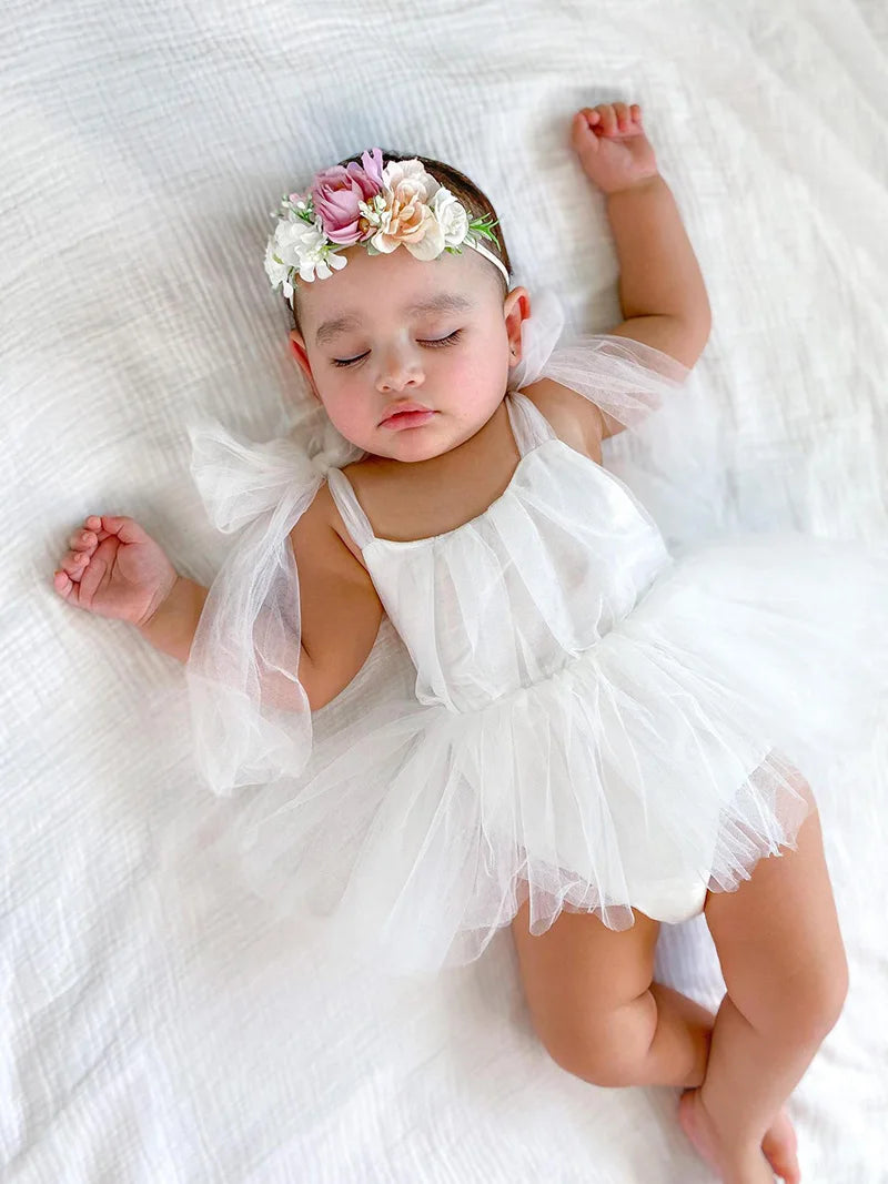Sleeveless Summer Tutu Romper with Bows for Baby Girls - Lace Princess Jumpsuit for Newborn Photography