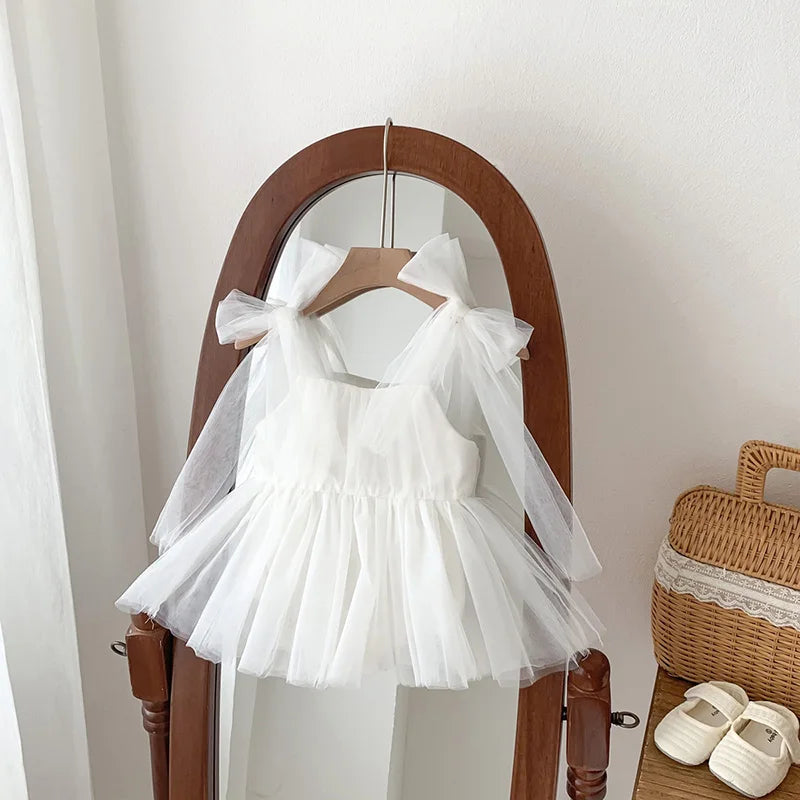 Sleeveless Summer Tutu Romper with Bows for Baby Girls - Lace Princess Jumpsuit for Newborn Photography