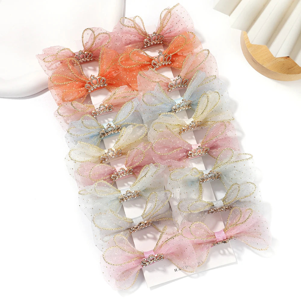 Set of 2 Organza Bow Hair Clips with Zircon Crown for Baby Girls - Cute Hairpins and Barrettes Accessories