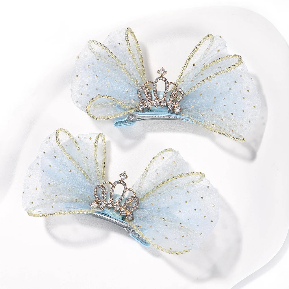 Set of 2 Organza Bow Hair Clips with Zircon Crown for Baby Girls - Cute Hairpins and Barrettes Accessories
