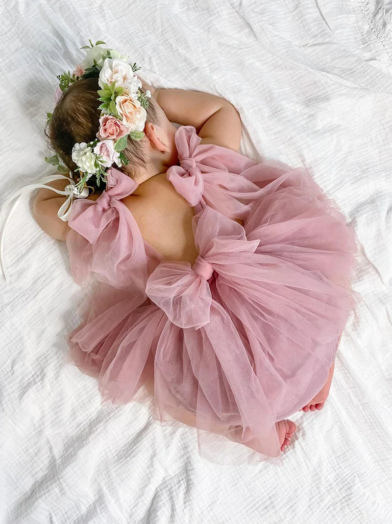 Sleeveless Summer Tutu Romper with Bows for Baby Girls - Lace Princess Jumpsuit for Newborn Photography