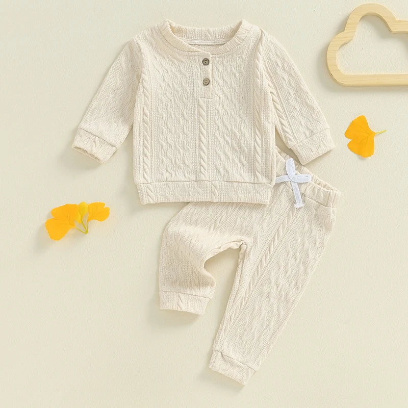Unisex Toddler Autumn Knitwear Set - Long Sleeve Sweater and Elastic Waist Pants for Baby (2-Piece Cotton Outfit)