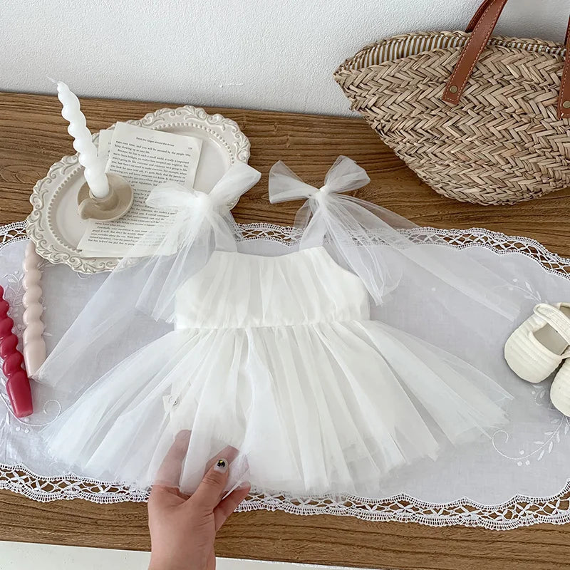 Sleeveless Summer Tutu Romper with Bows for Baby Girls - Lace Princess Jumpsuit for Newborn Photography