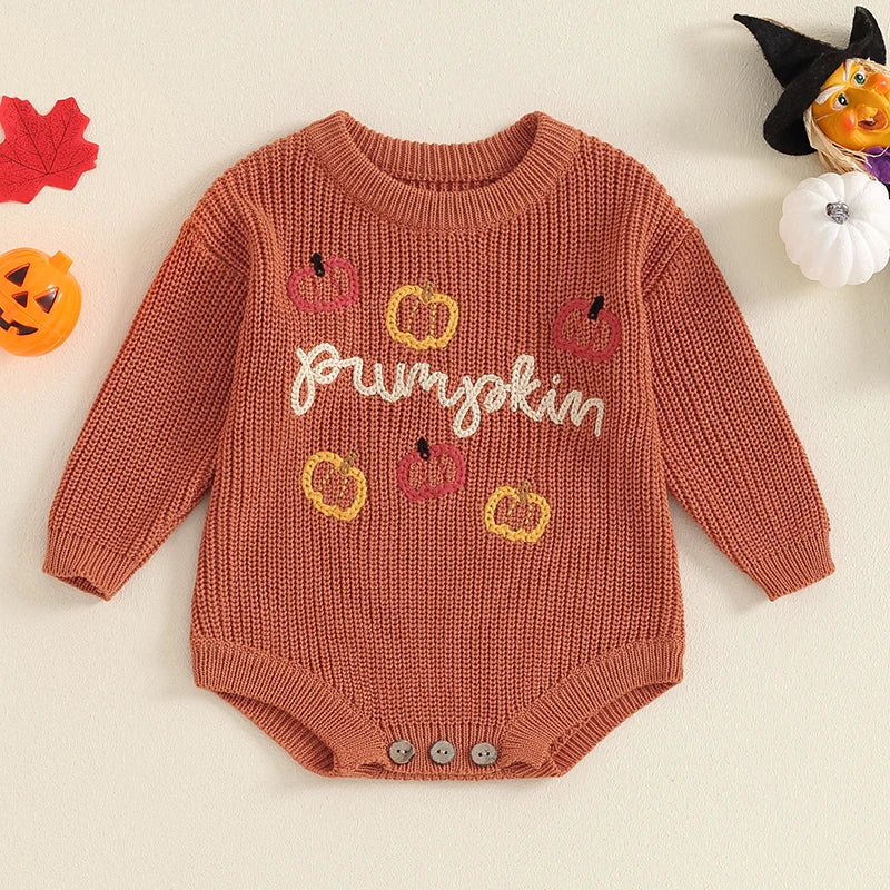 Adorable Pumpkin Print Sweater Romper for Babies - Long Sleeve Chunky Knit Halloween Outfit for Newborns and Infants