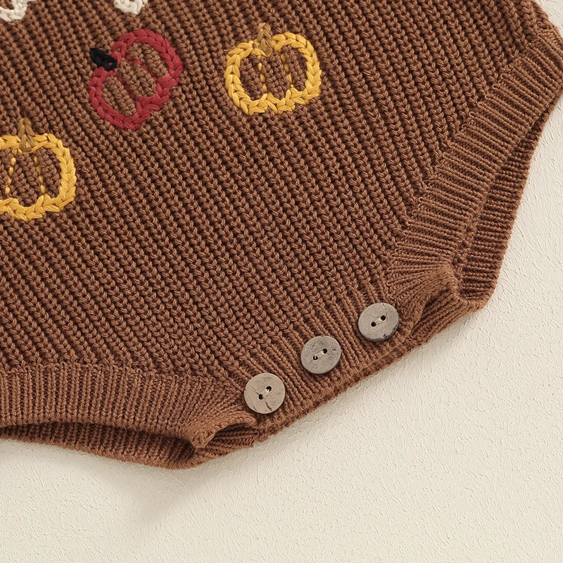 Adorable Pumpkin Print Sweater Romper for Babies - Long Sleeve Chunky Knit Halloween Outfit for Newborns and Infants