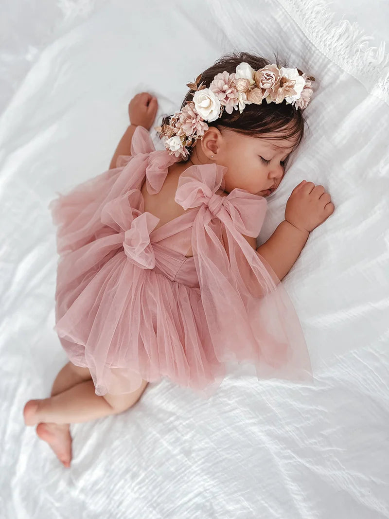 Sleeveless Summer Tutu Romper with Bows for Baby Girls - Lace Princess Jumpsuit for Newborn Photography