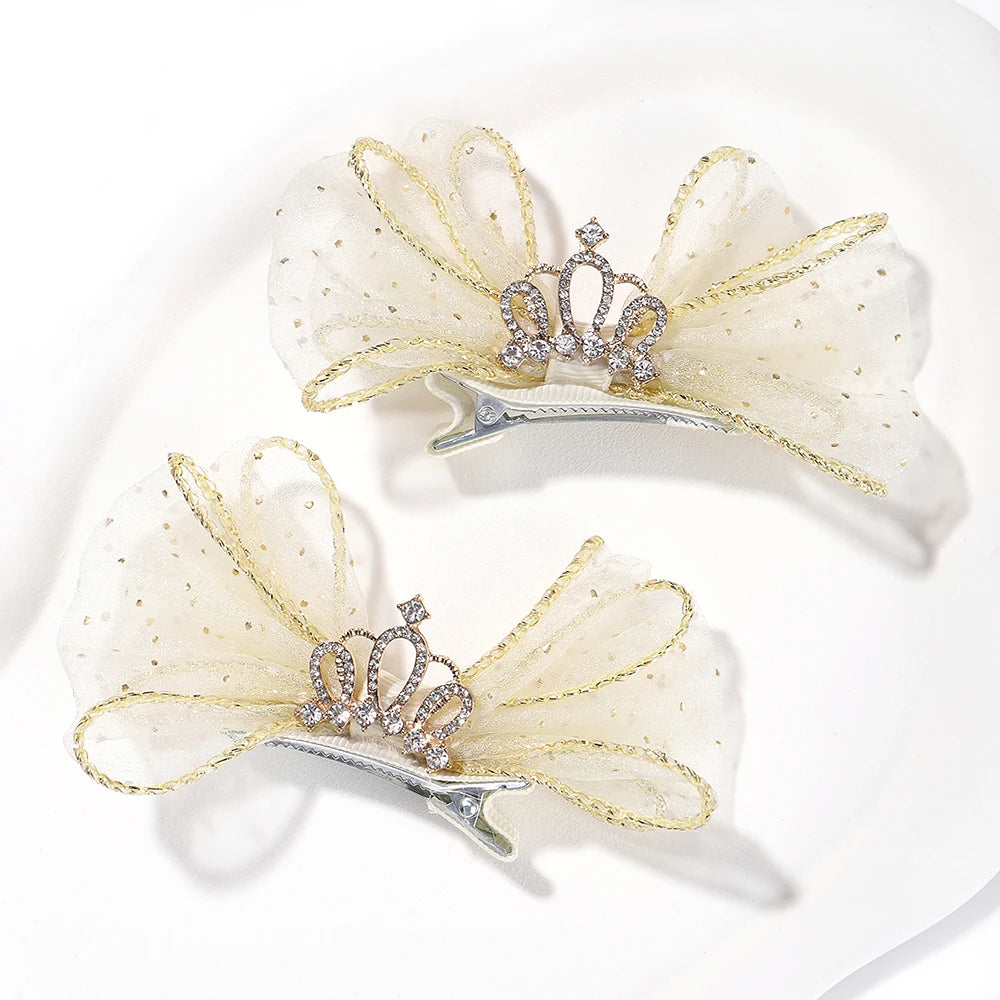 Set of 2 Organza Bow Hair Clips with Zircon Crown for Baby Girls - Cute Hairpins and Barrettes Accessories