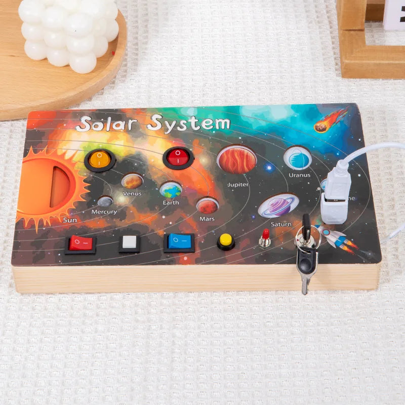 Solar System LED Light Busy Board Wooden Electronic Busyboard Switch Physical Educational Montessori Toys for Kids Daily Skill