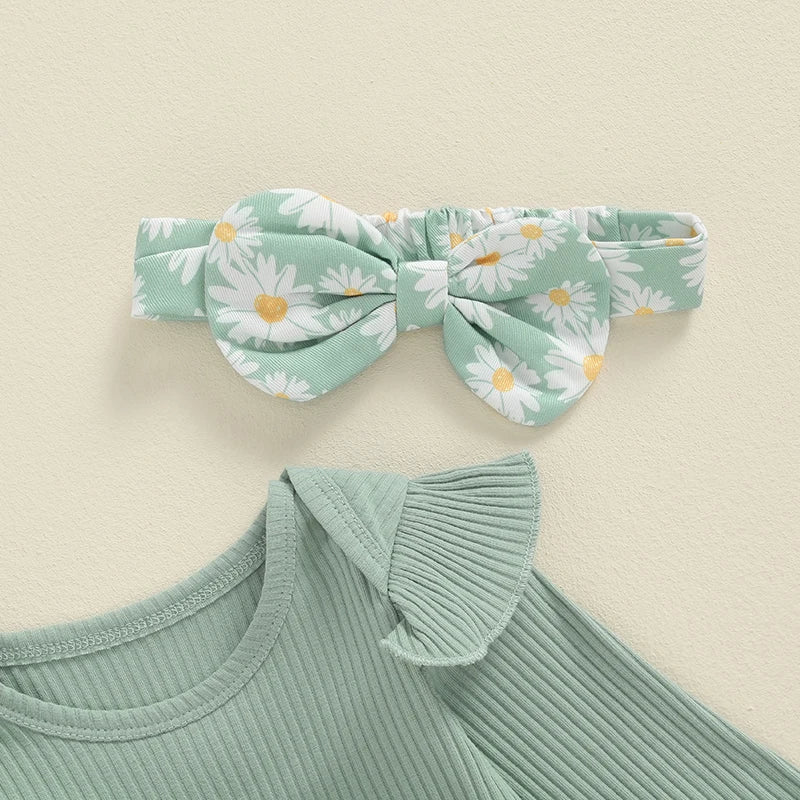 Adorable Newborn Girls' Ruffled Ribbed Bodysuit Set with Floral Suspender Skirt and Headband - Perfect for Spring and Autumn