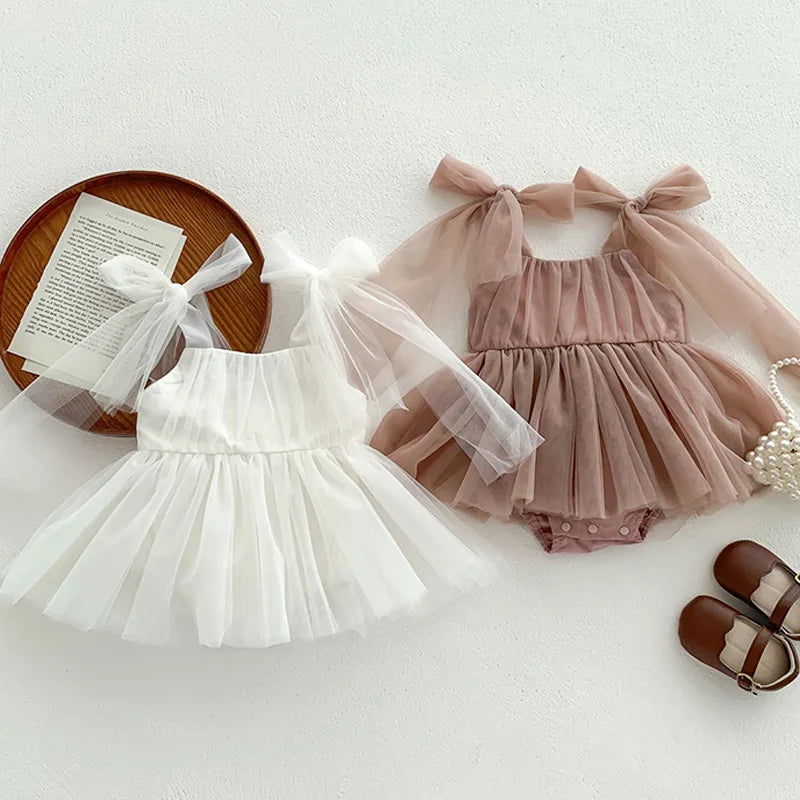 Sleeveless Summer Tutu Romper with Bows for Baby Girls - Lace Princess Jumpsuit for Newborn Photography