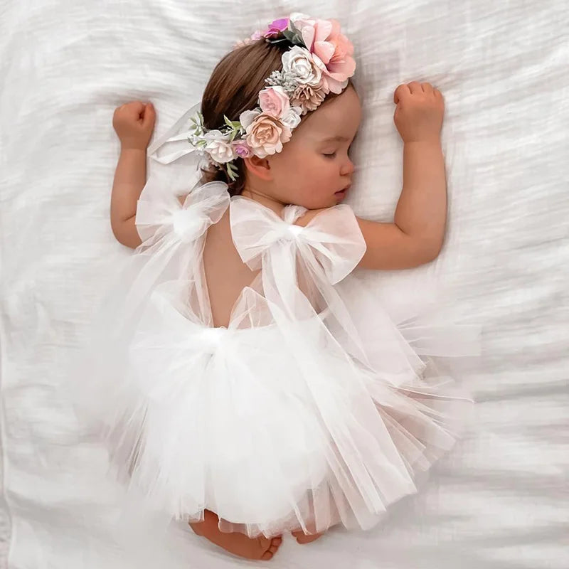 Sleeveless Summer Tutu Romper with Bows for Baby Girls - Lace Princess Jumpsuit for Newborn Photography