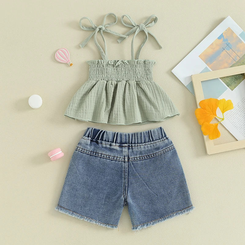 Summer Casual 2-Piece Outfit for Baby Girls: Sleeveless Camisole and Ripped Denim Shorts Set