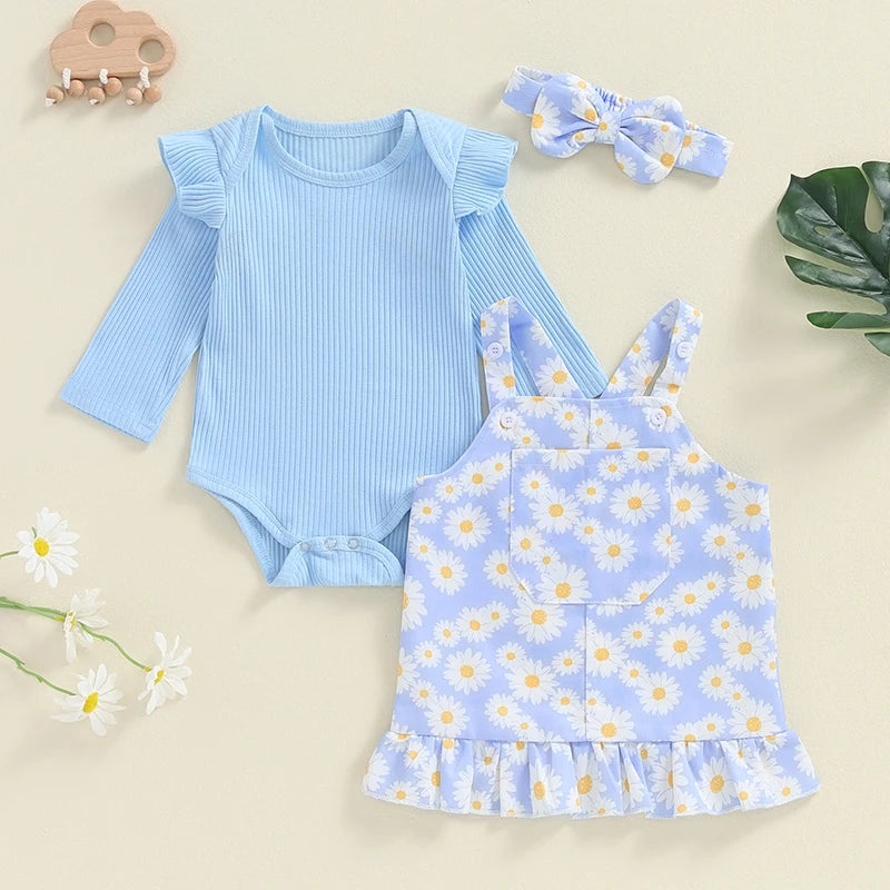 Adorable Newborn Girls' Ruffled Ribbed Bodysuit Set with Floral Suspender Skirt and Headband - Perfect for Spring and Autumn