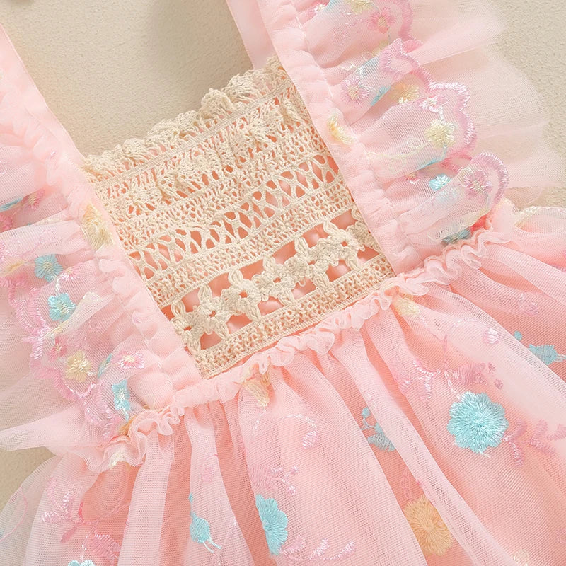 Adorable Summer Baby Girl Floral Embroidery Romper Dress with Headband - Princess Mesh Jumpsuit for Infants