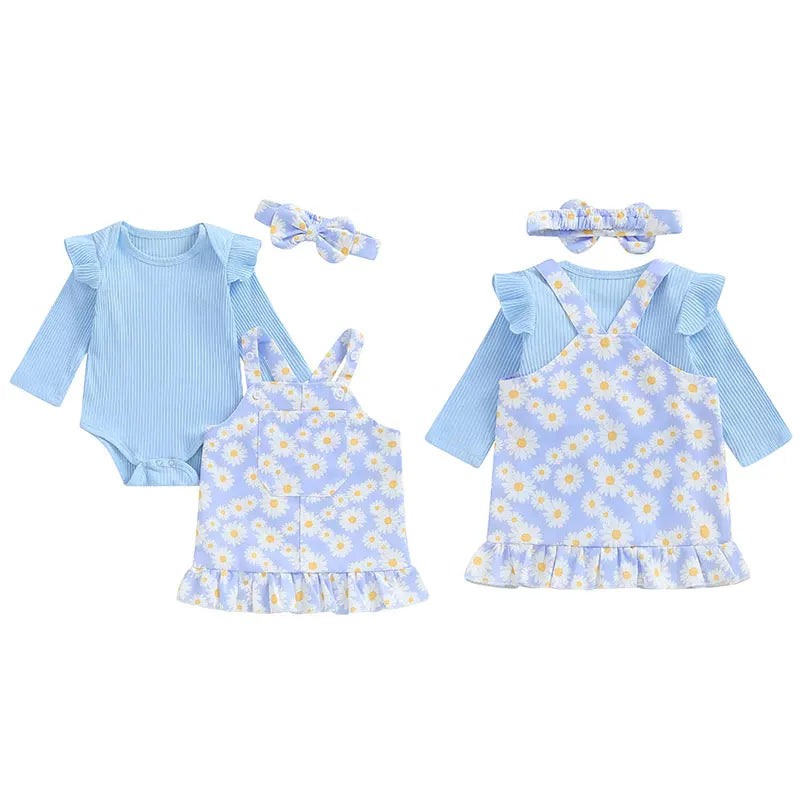Adorable Newborn Girls' Ruffled Ribbed Bodysuit Set with Floral Suspender Skirt and Headband - Perfect for Spring and Autumn