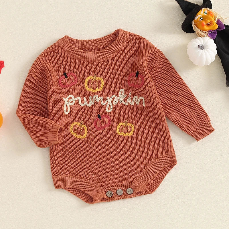 Adorable Pumpkin Print Sweater Romper for Babies - Long Sleeve Chunky Knit Halloween Outfit for Newborns and Infants
